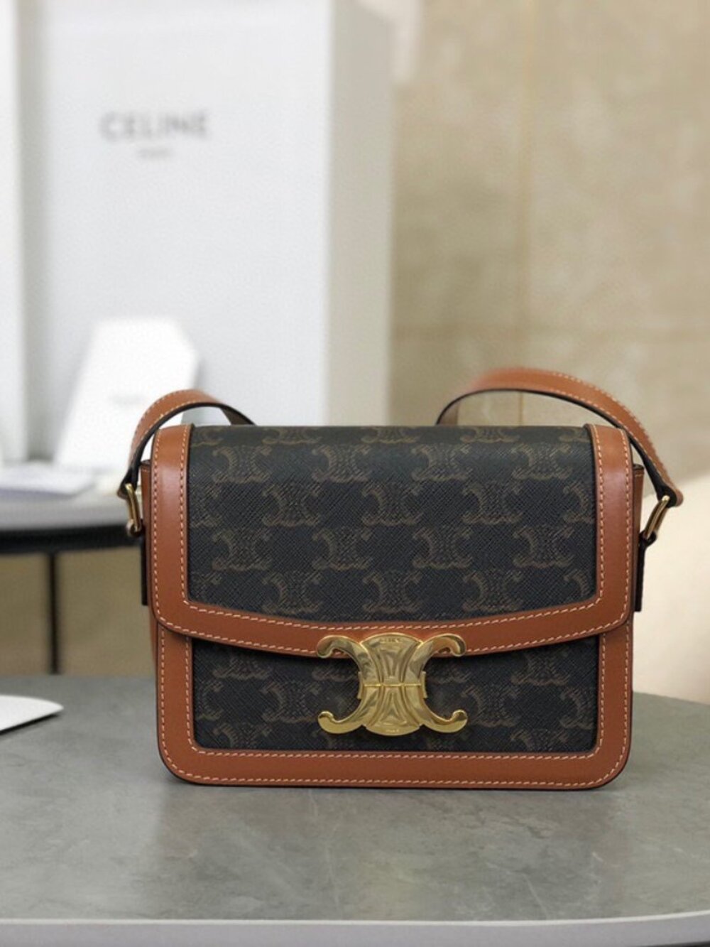 Celine Teen Triomphe crossbody bag in Canvas/Tan Calfskin